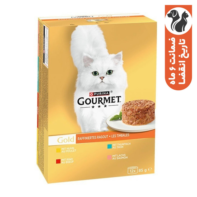 کنسرو غذای گربه بالغ گورمت مدل Gourmet Savoury Cake Pack طعم مرغ، ماهی، گوشت گاو بسته 12 عددی