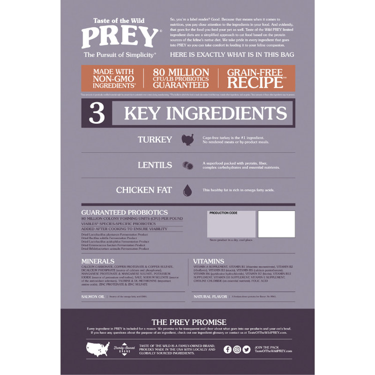 غذای خشک گربه بالغ تیست آف ویلد مدل Prey Limited Ingredient Recipe طعم گوشت بوقلمون وزن ۶.۸ کیلوگرم