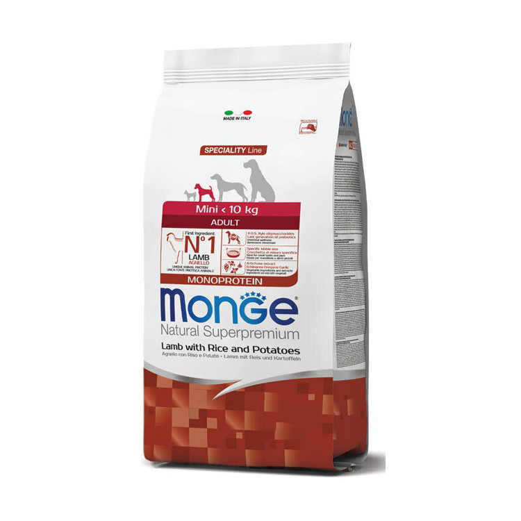 غذای خشک سگ بالغ مونژ نژاد کوچک مدل Monge Mini Adult با طعم بره، برنج و سیب زمینی وزن 7.5 کیلوگرم