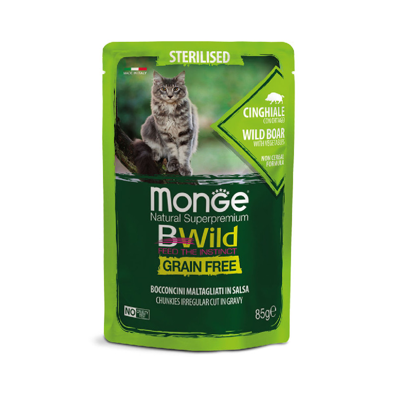 پوچ گربه بالغ عقیم مونژ مدل BWILD Sterilised Wild Boar with vegetables طعم گراز وحشی و سبزیجات وزن 85 گرم