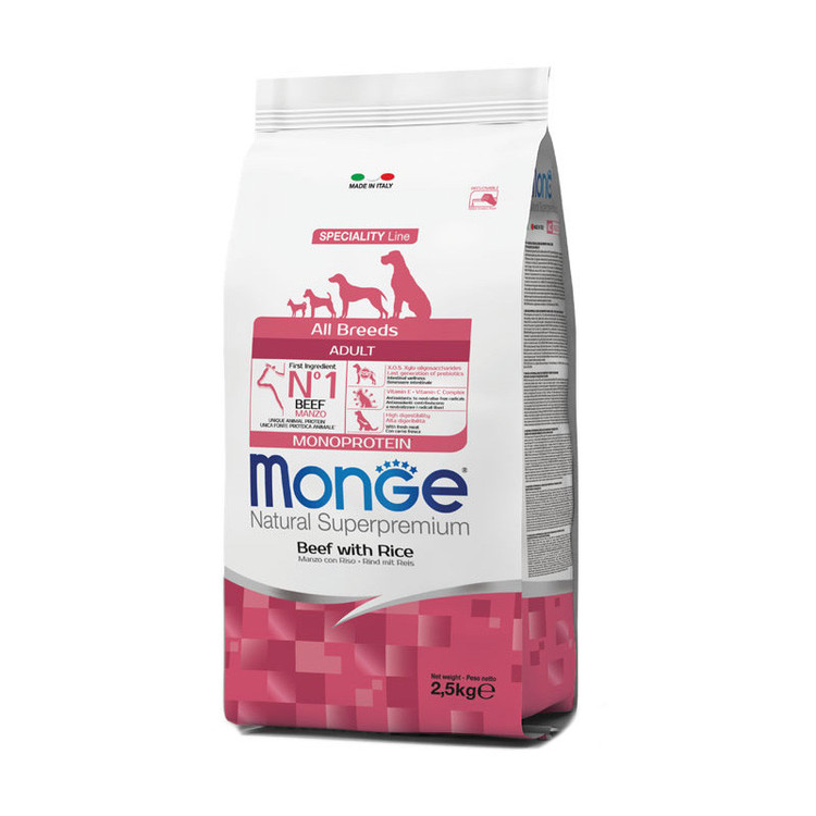 غذا خشک سگ بالغ مونژ مدل Natural Superpremium با طعم گوشت بره و برنج و سیب زمینی وزن 2.5 کیلوگرم