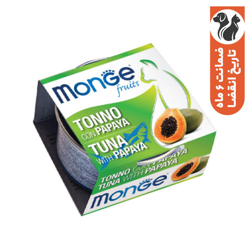 کنسرو غذای گربه بالغ مونژ مدل Monge Fruits طعم ماهی تن و پاپایا وزن 80 گرم