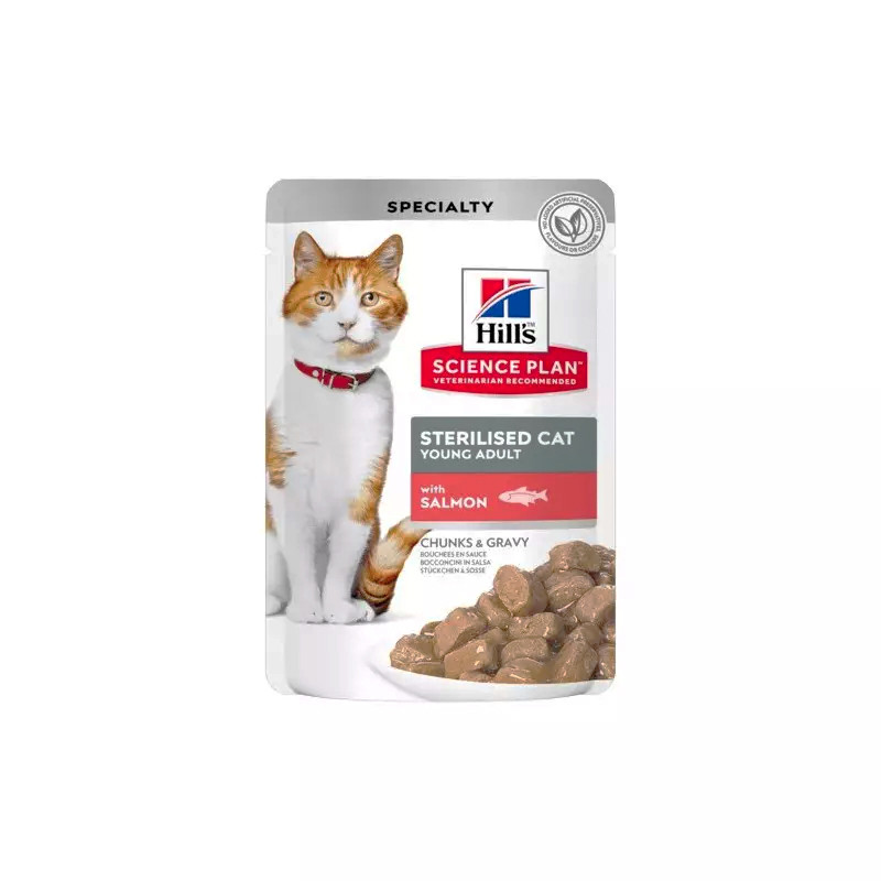 پوچ گربه بالغ هیلز مدل Sterilised Chunk in Gravy طعم ماهی سالمون وزن ۸۵ گرم