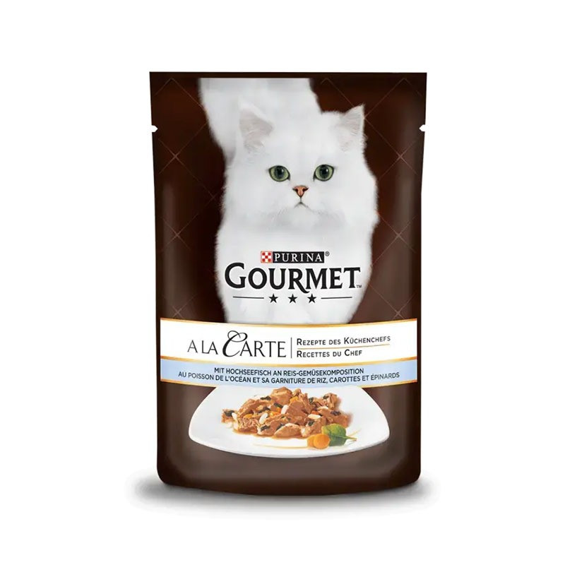 پوچ گربه بالغ گورمت مدل Gourmet A La Carte طعم ماهی، برنج و سبزیجات وزن 85 گرم