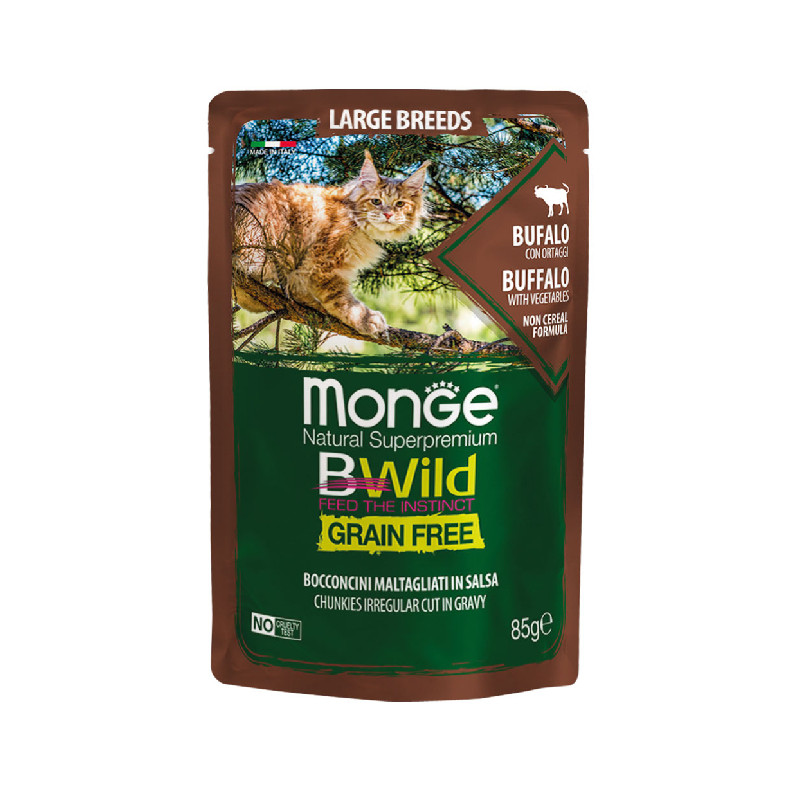 پوچ گربه بالغ مونژ مدل BWILD Buffalo with Vegetables طعم گوشت بوفالو وسبزیجات وزن 85 گرم