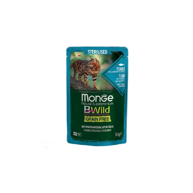 پوچ گربه بالغ مونژ مدل BWILD Sterilised Shrimps and Vegetables طعم ماهی تن و میگو وزن 85 گرم