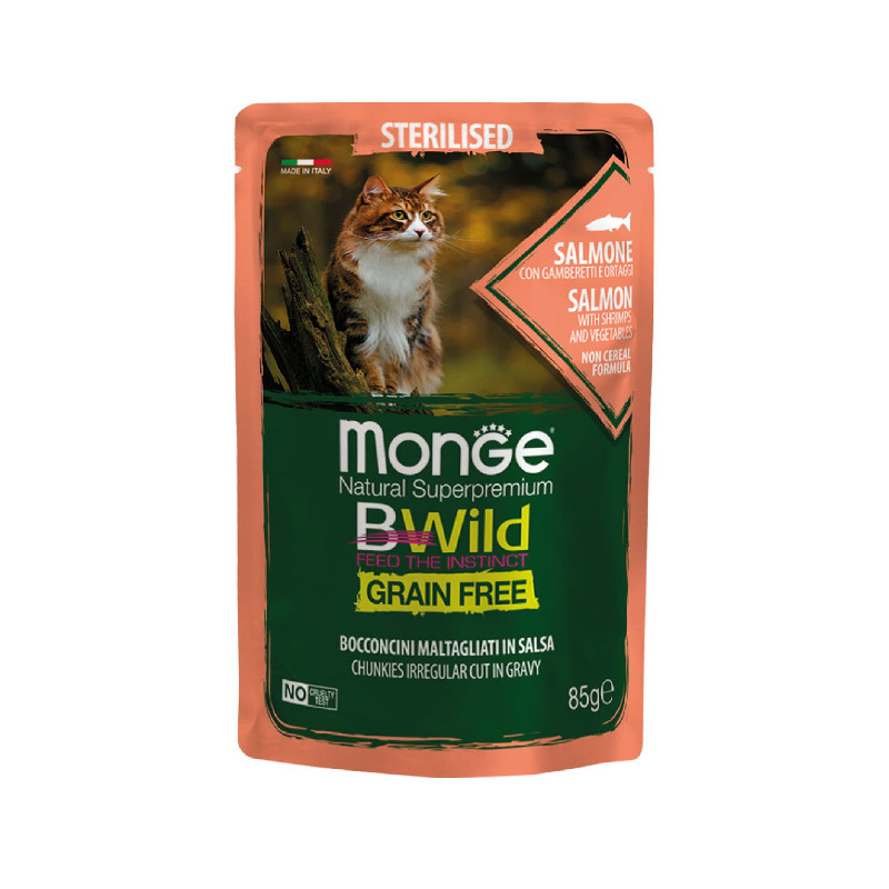 پوچ گربه عقیم بالغ مونژ مدل BWILD Sterilised Salmon with Shrimps طعم ماهی سالمون و میگو  وزن 85 گرم