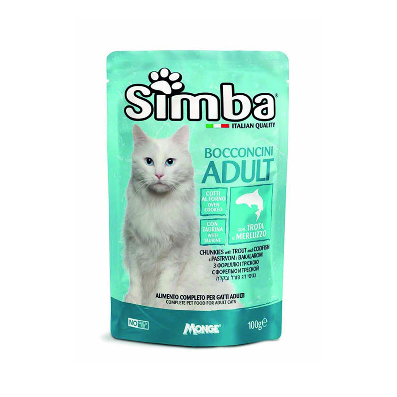 پوچ گربه بالغ مونژ مدل Simba Cat Chunkies طعم ماهی قزل‌آلا و کاد وزن 100 گرم