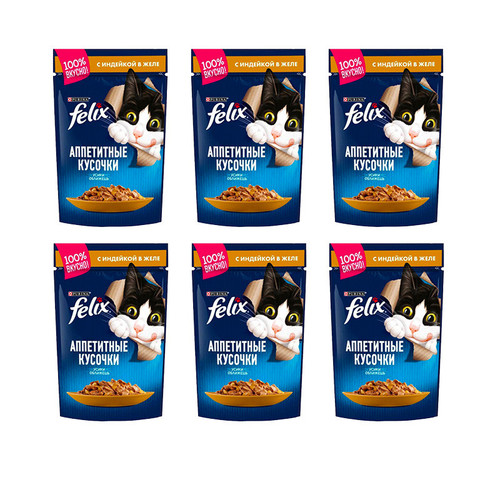 پوچ گربه بالغ فلیکس مدل Appetizing Pieces In Jelly Pack طعم بوقلمون بسته 6 عددی