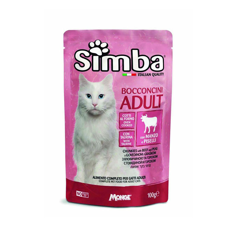 پوچ گربه بالغ مونژ مدل Monge Simba Cat Chunkies با طعم گوشت گاو و نخود وزن 100 گرم